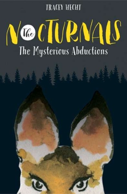 The ebook version of book one, The Mysterious Abductions, is dark gray with black silhouettes of the forest in the background. Dawn, a fox, is taking up half the cover with her ears and eyes showing.  